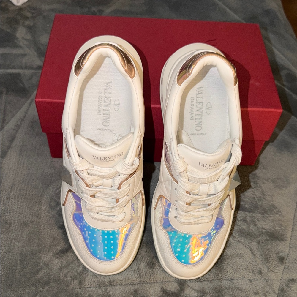 Preloved Valentino White Sneakers with Iridescent and Gold Accents box, dust bag